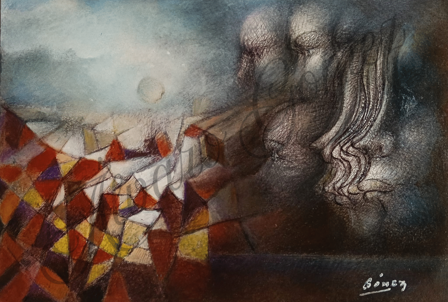 Perfiles de rostros que miran tejados rojos