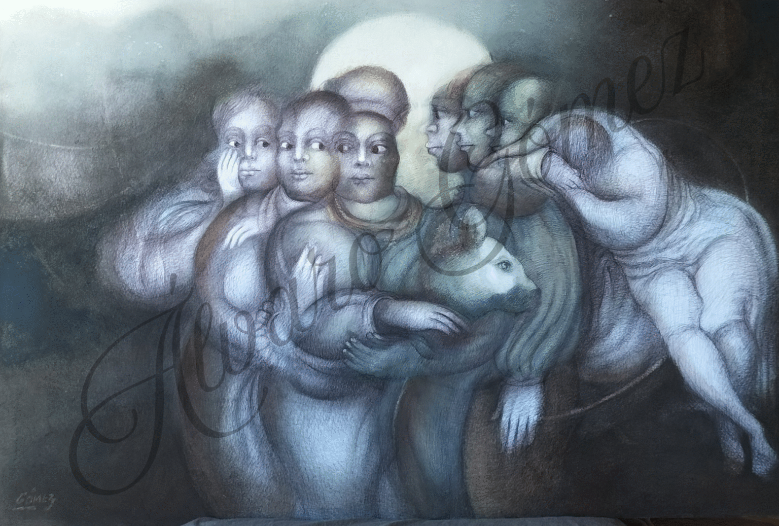 Escena nocturna donde un grupo de personas abraza un animal con la luna de fondo